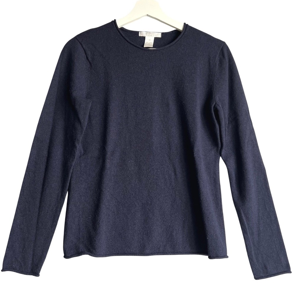 Sarah Spencer Navy Blue 100% Italian Merino Wool Crew Neck Sweater Womens Medium